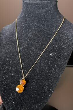 VTG Amber Orange Citrine Rhinestone Necklace Minimalist MCM Brass Tone 18”